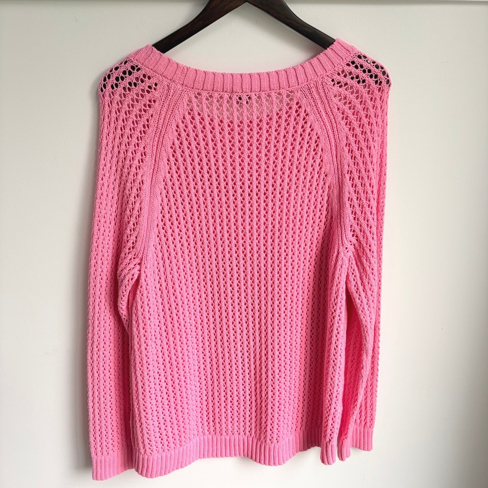 Talbots Open Knit Sweater XL Barbiecore Pink Cotton Pointelle Pullover Raglan - Picture 4 of 6